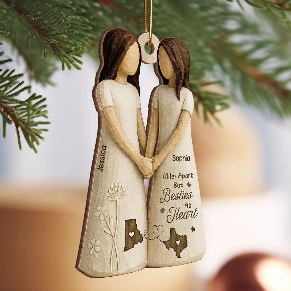 Miles Apart Besties At Heart 3D Effect - Personalized Wooden Ornament - Christmas Gift, Birthday Gift, Long Distance Friendship Gift for Best Friends - Image 4