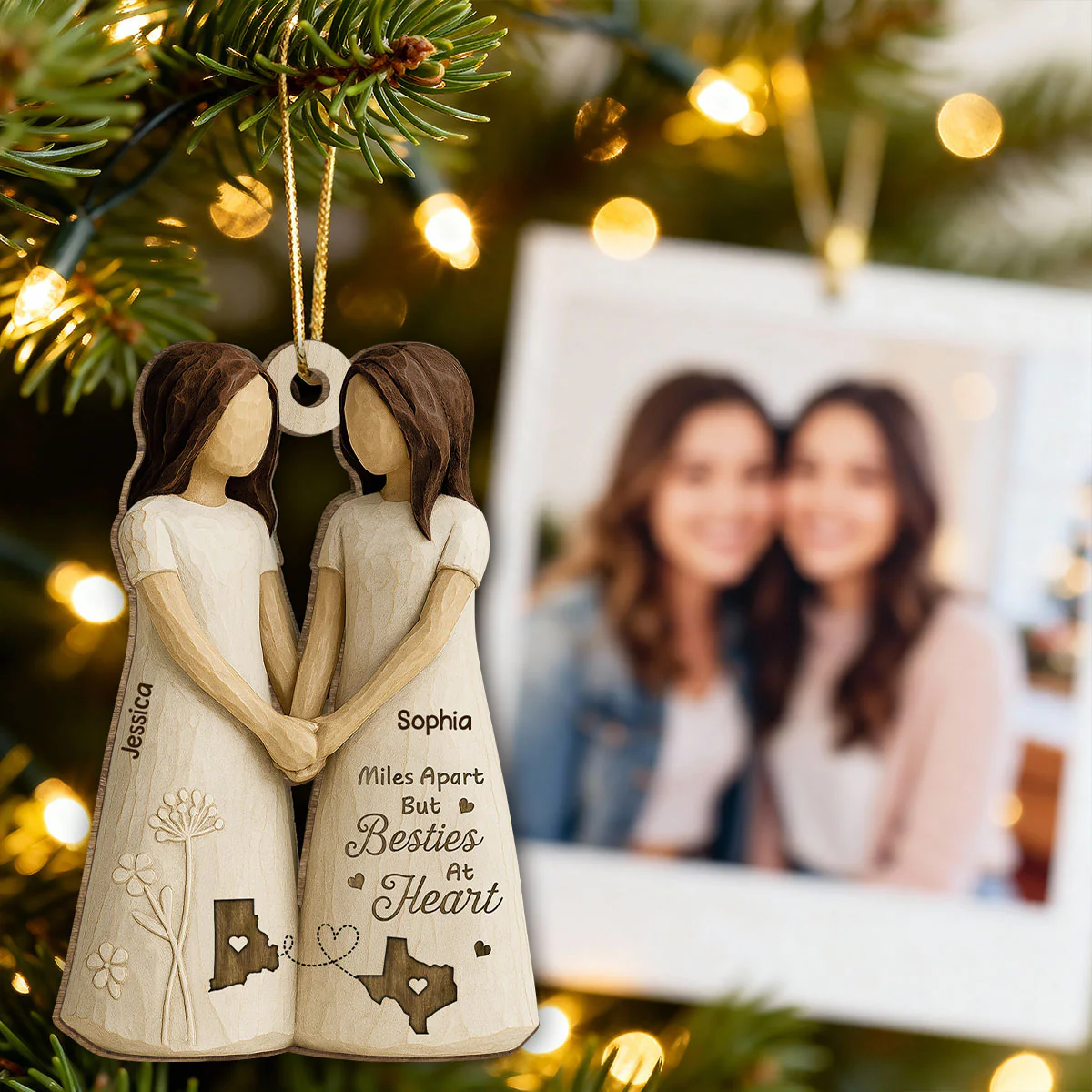 Miles Apart Besties At Heart 3D Effect - Personalized Wooden Ornament - Christmas Gift, Birthday Gift, Long Distance Friendship Gift for Best Friends - Image 7