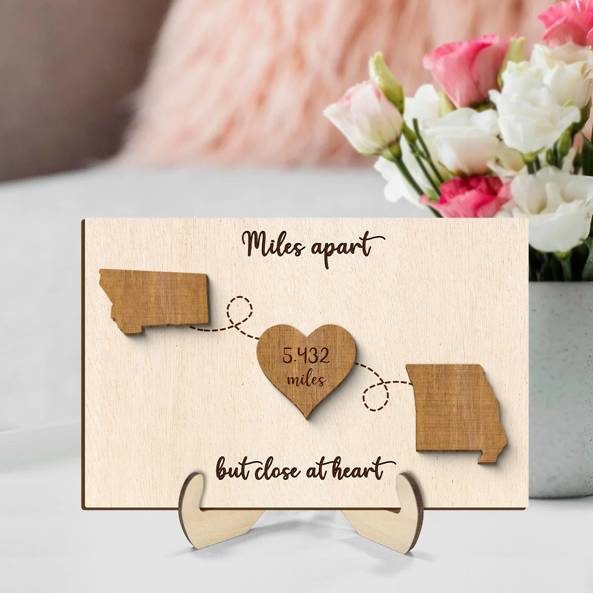 Miles Apart But Close At Heart, Long Distance Family Friends Siblings Sisters Besties Personalized 2-Layer Wooden Plaque, Togetherness Gift - Image 5