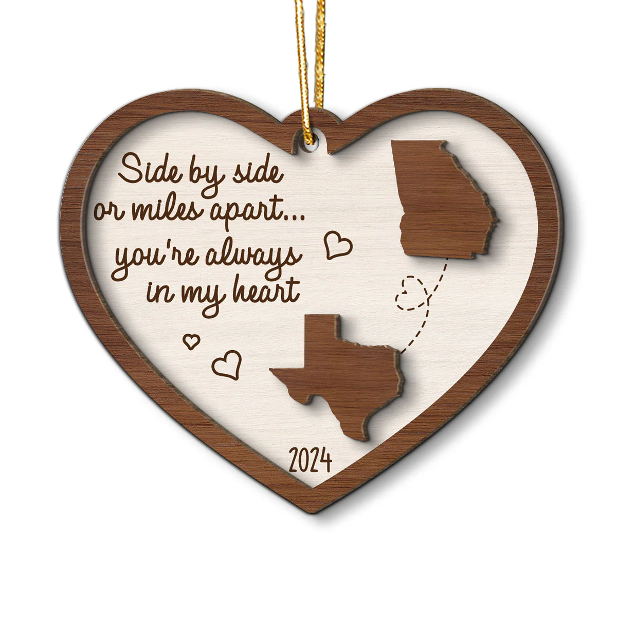 Miles Apart Long Distance Family Friendship State Map Personalized 2-Layer Wooden Ornament, Togetherness Keepsake - Image 2