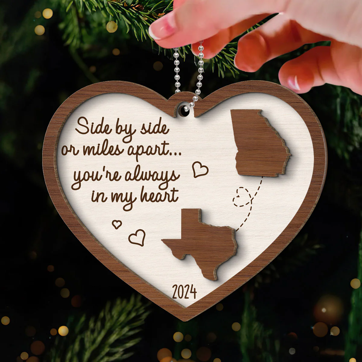 Miles Apart Long Distance Family Friendship State Map Personalized 2-Layer Wooden Ornament, Togetherness Keepsake - Image 3