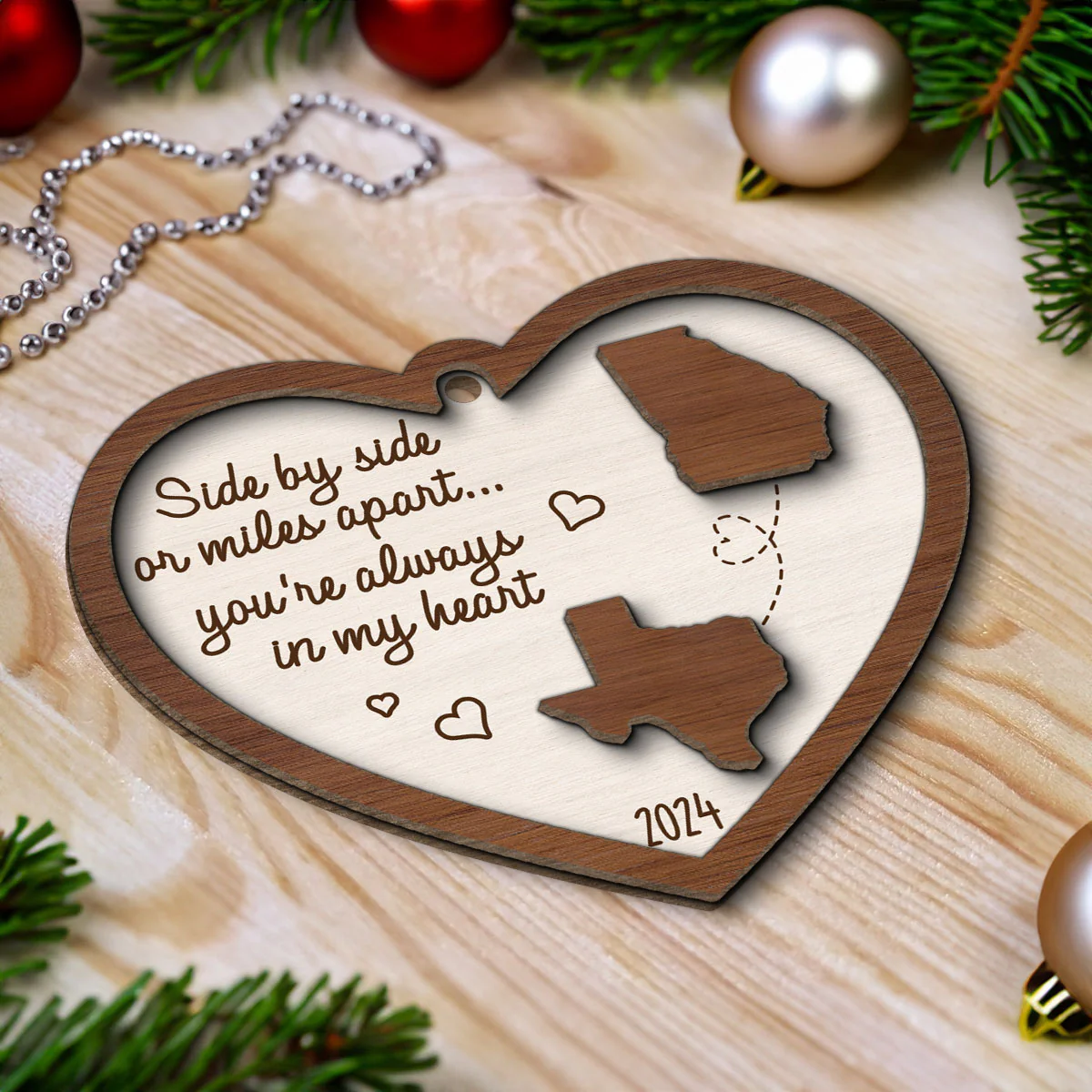Miles Apart Long Distance Family Friendship State Map Personalized 2-Layer Wooden Ornament, Togetherness Keepsake - Image 4