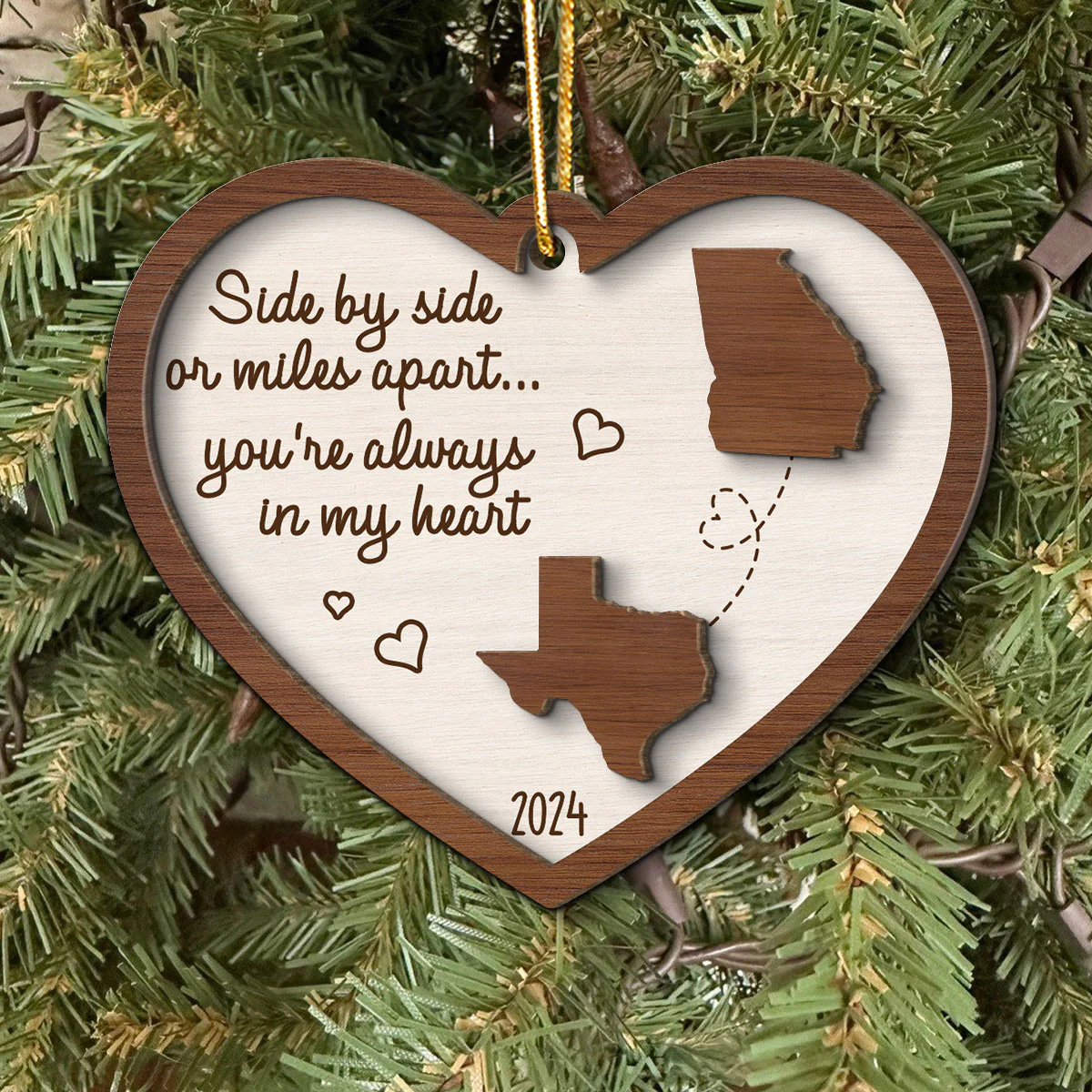 Miles Apart Long Distance Family Friendship State Map Personalized 2-Layer Wooden Ornament, Togetherness Keepsake - Image 5