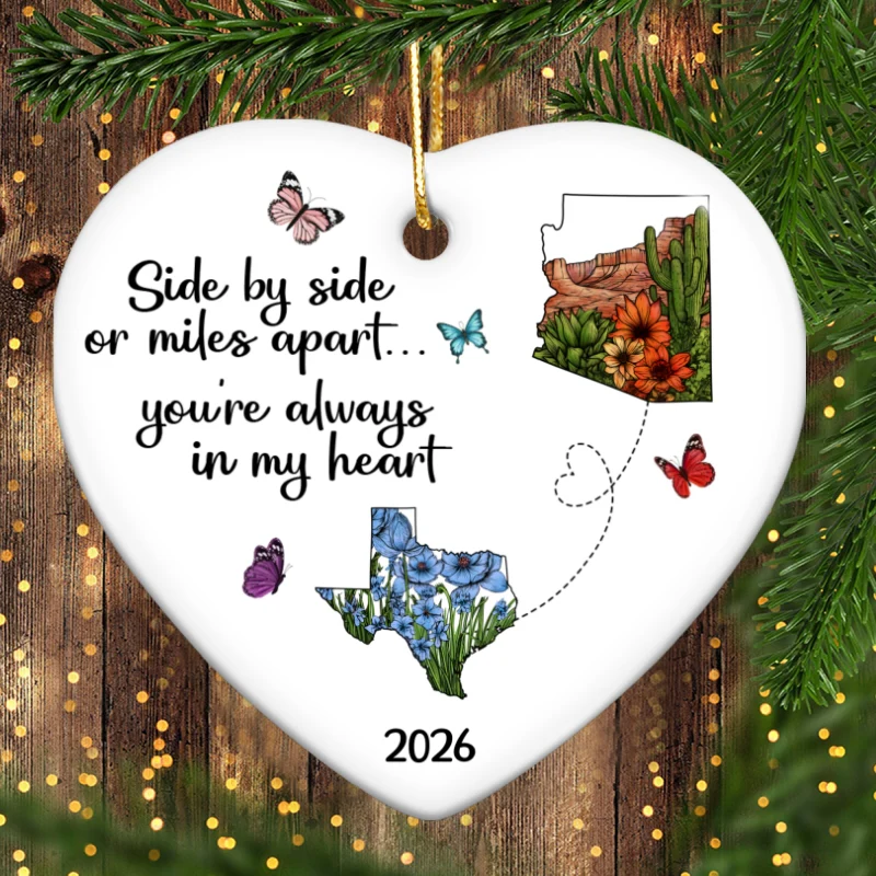 Miles Apart Long Distance Friendship Family Watercolor Wildflower State Map Personalized Ceramic Heart Ornament, Togetherness Keepsake - Image 10