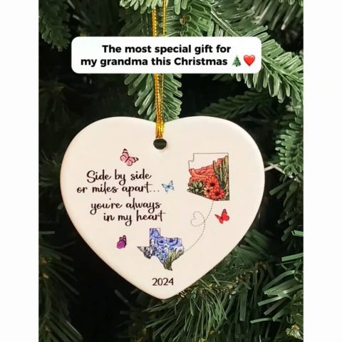 Miles Apart Long Distance Friendship Family Watercolor Wildflower State Map Personalized Ceramic Heart Ornament, Togetherness Keepsake - Image 2