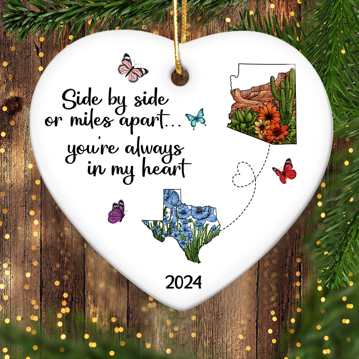 Miles Apart Long Distance Friendship Family Watercolor Wildflower State Map Personalized Ceramic Heart Ornament, Togetherness Keepsake - Image 3