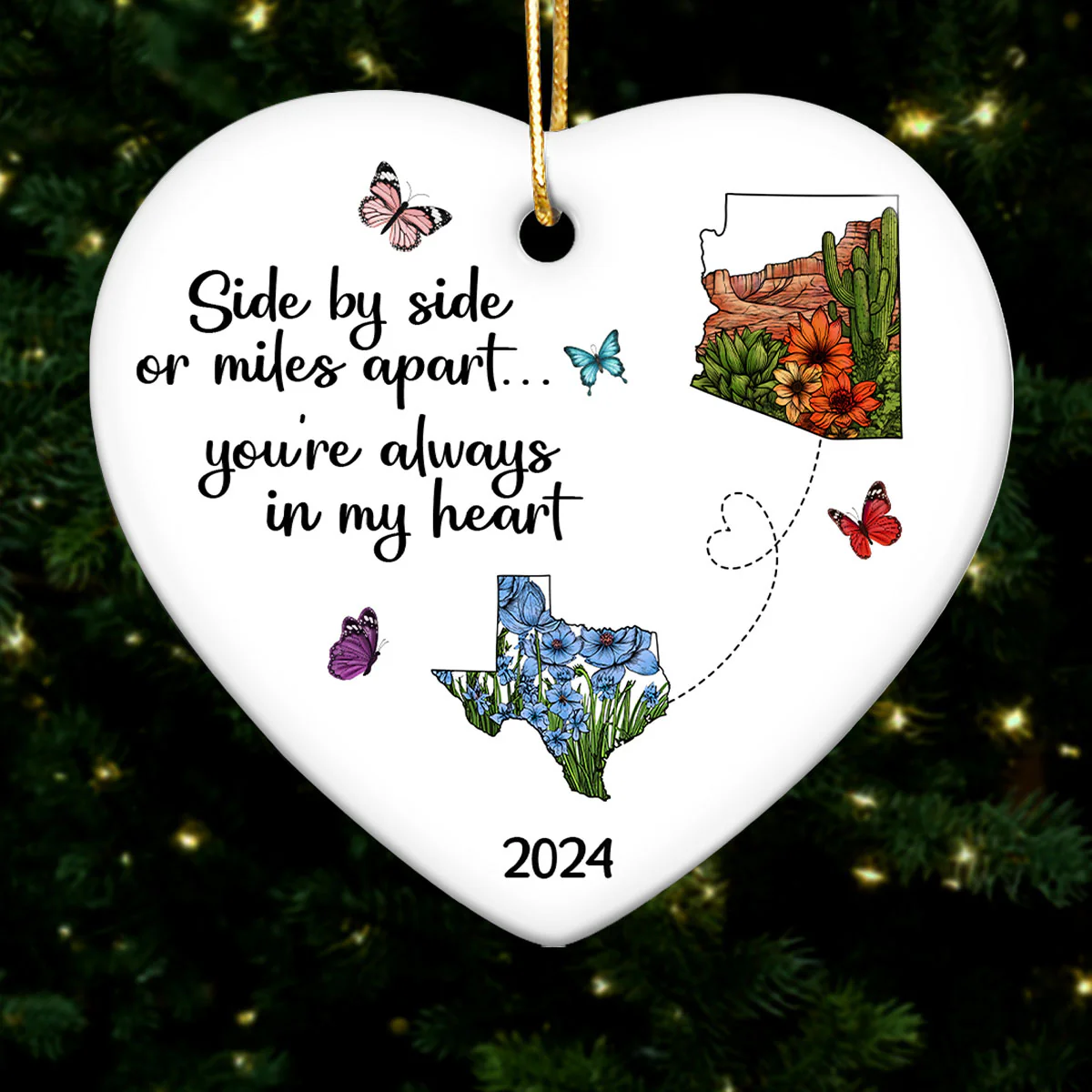 Miles Apart Long Distance Friendship Family Watercolor Wildflower State Map Personalized Ceramic Heart Ornament, Togetherness Keepsake - Image 4