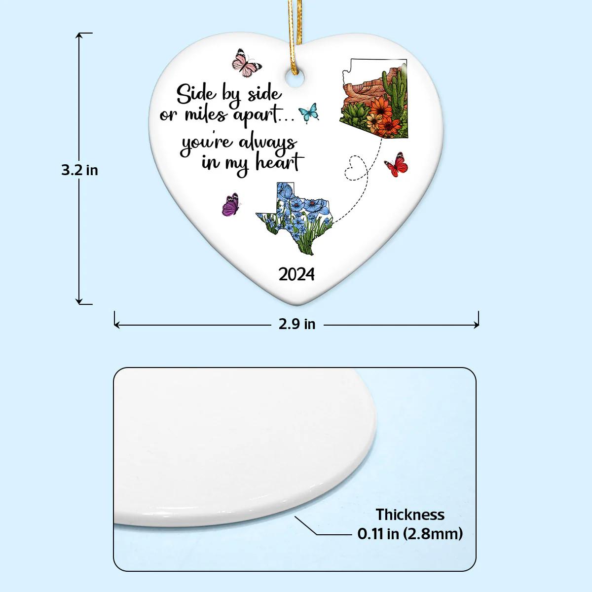 Miles Apart Long Distance Friendship Family Watercolor Wildflower State Map Personalized Ceramic Heart Ornament, Togetherness Keepsake - Image 9