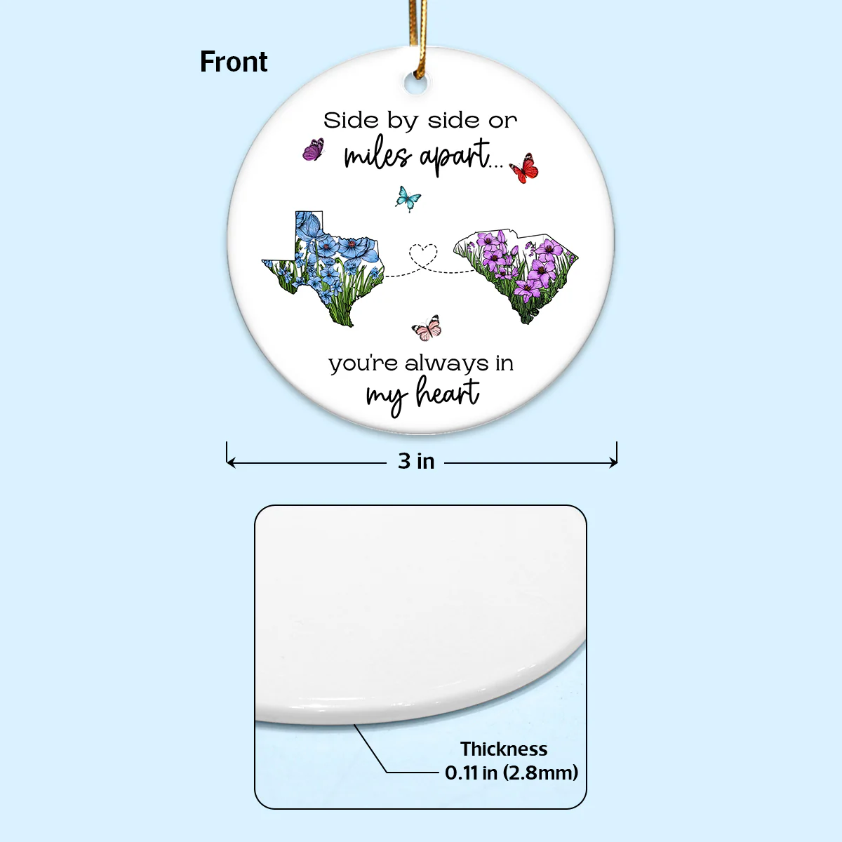Miles Don't Matter Beautiful Wildflower State Map Long Distance Personalized Ceramic Ornament - Image 8