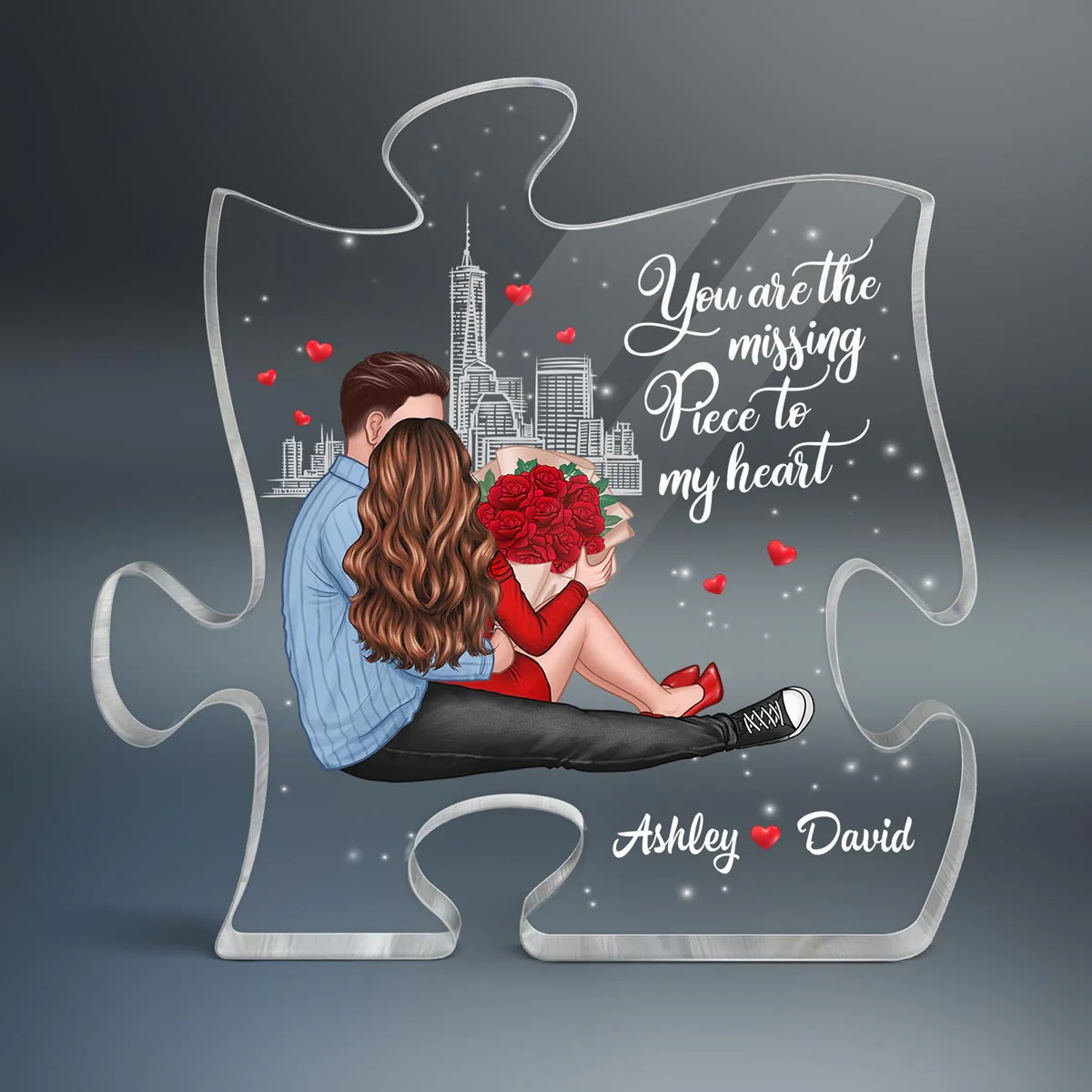 Missing Piece Embracing Sitting Couple Valentine‘s Day Gift - Gift For Him, Gift For Her - Personalized Puzzle Acrylic Plaque - Image 2