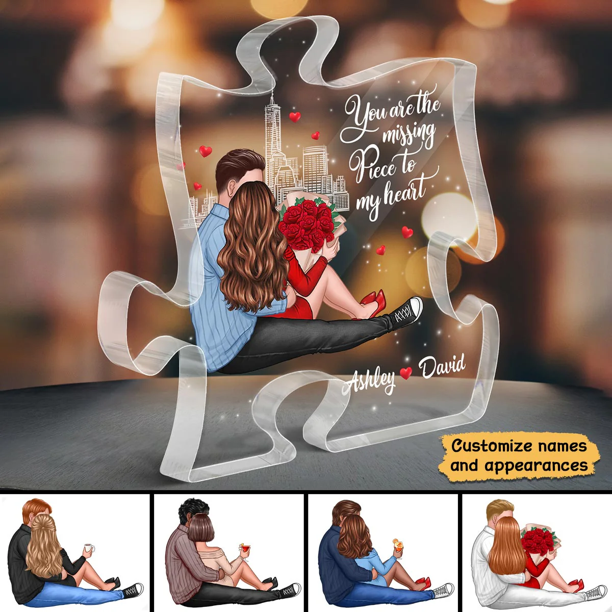 Missing Piece Embracing Sitting Couple Valentine‘s Day Gift - Gift For Him, Gift For Her - Personalized Puzzle Acrylic Plaque - Image 3