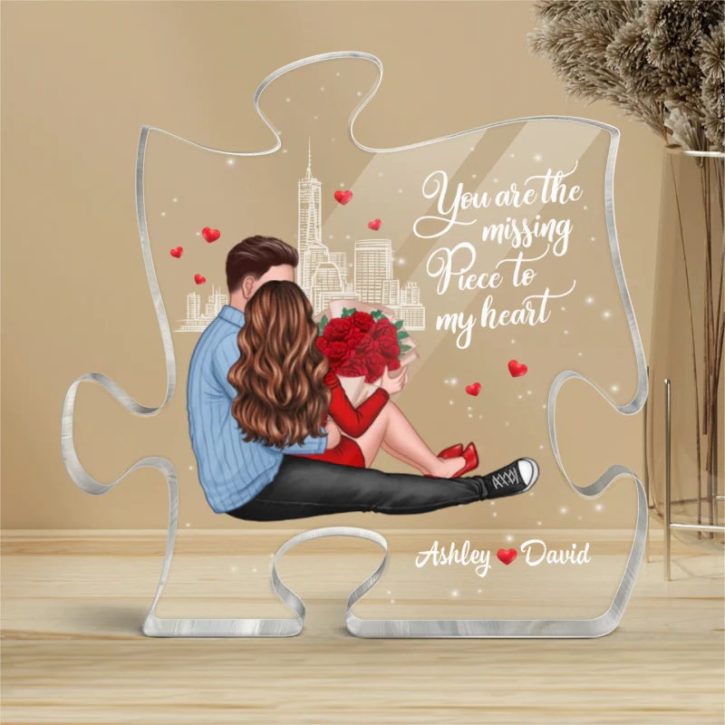 Missing Piece Embracing Sitting Couple Valentine‘s Day Gift - Gift For Him, Gift For Her - Personalized Puzzle Acrylic Plaque - Image 4