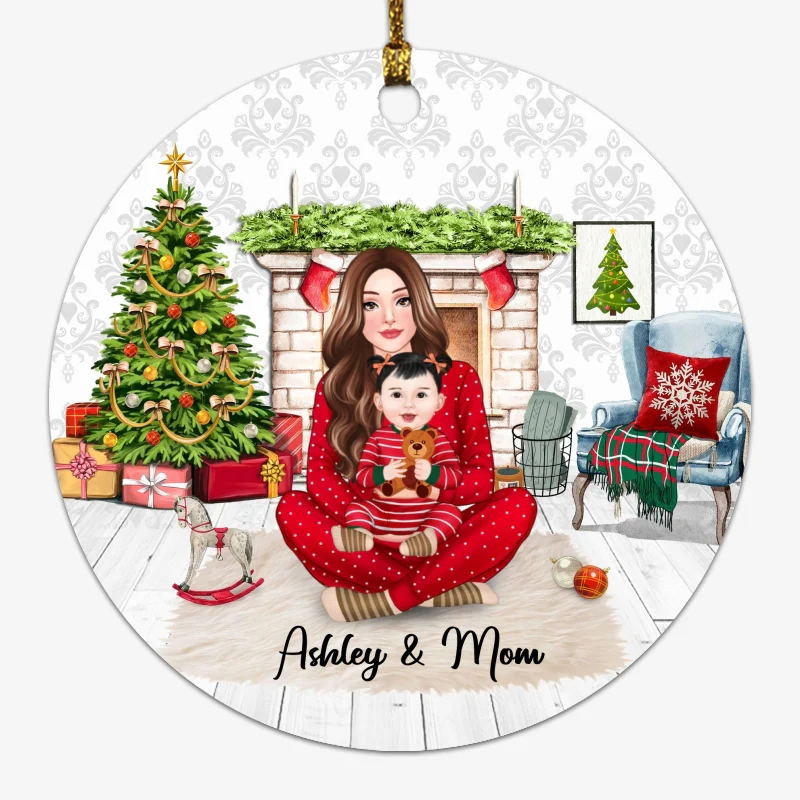 Mom And Baby Christmas Sitting In House Personalized Circle Ornament - Image 2