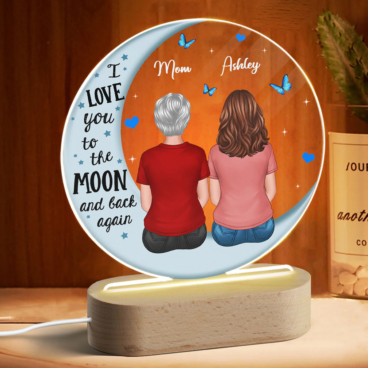 Mom And Children Blue Moon Personalized Circle Plaque LED Night Light - Image 3