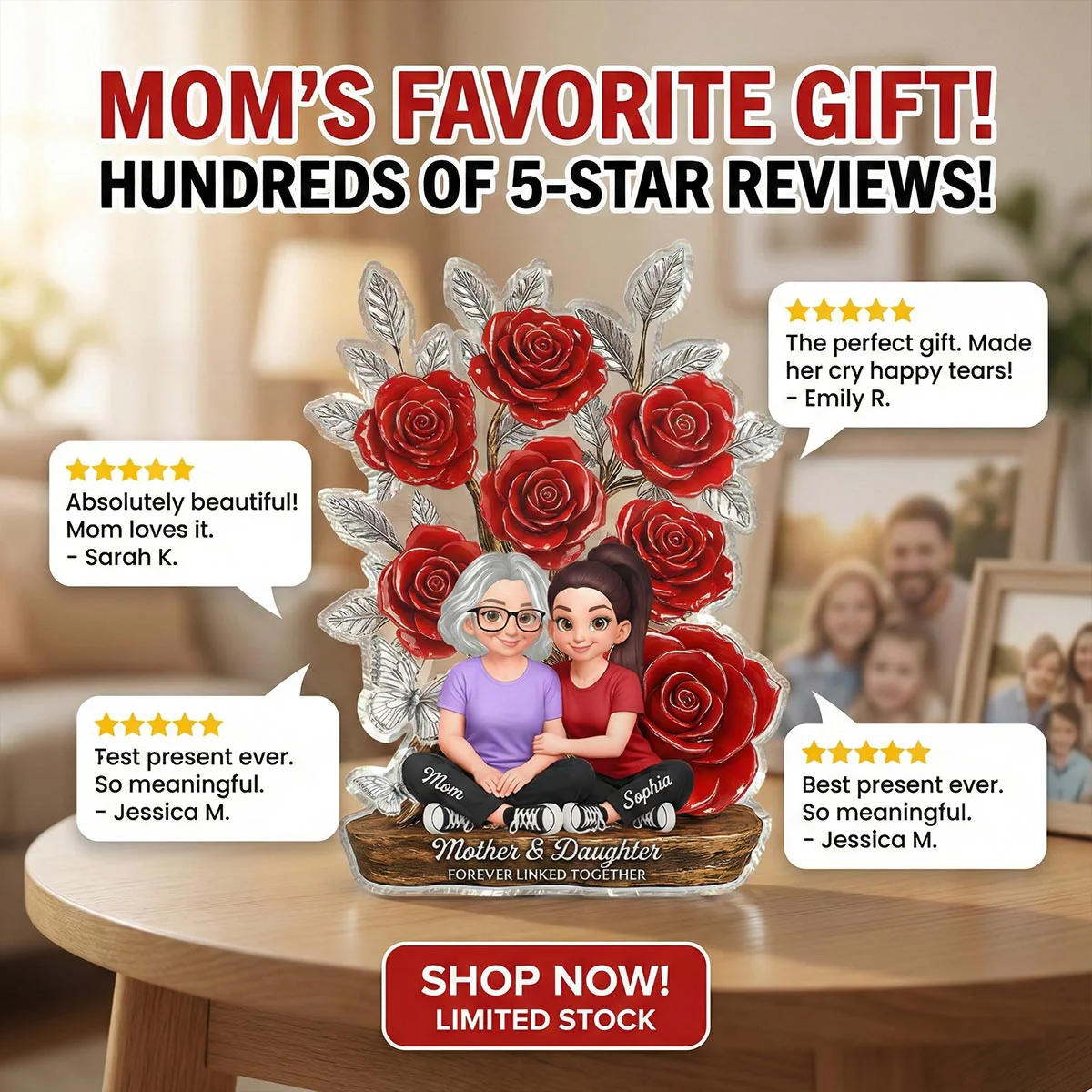Mom And Daughter Forever Love Rose Tree - Personalized Acrylic Block Plaque - Gift For Mom - Image 3
