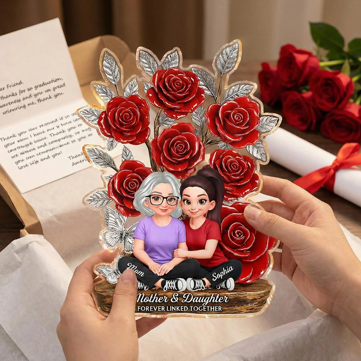 Mom And Daughter Forever Love Rose Tree - Personalized Acrylic Block Plaque - Gift For Mom - Image 5