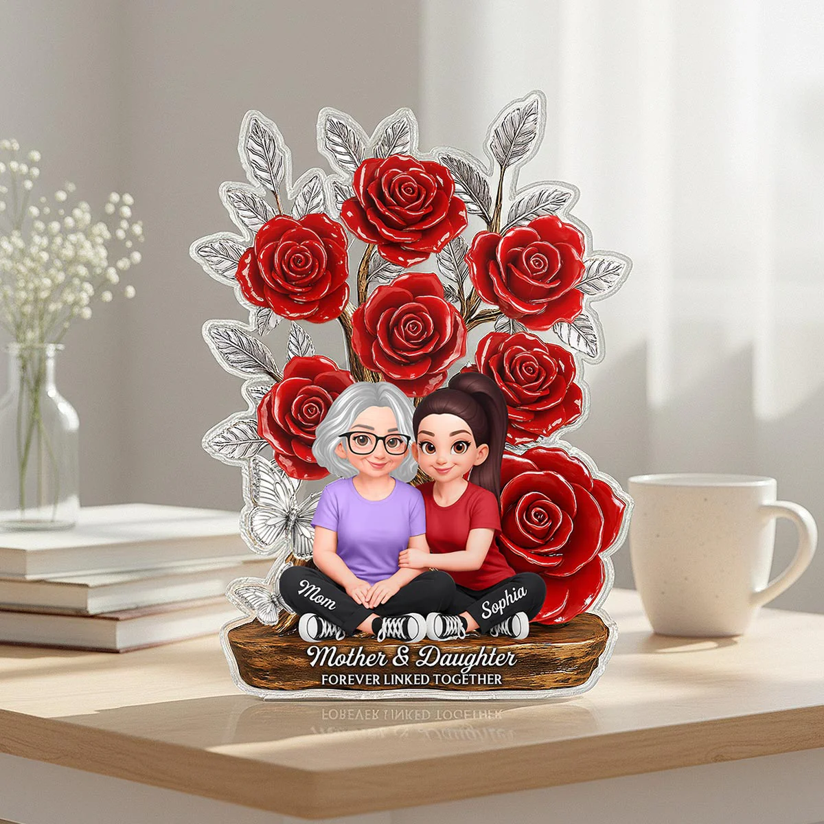 Mom And Daughter Forever Love Rose Tree - Personalized Acrylic Block Plaque - Gift For Mom - Image 6