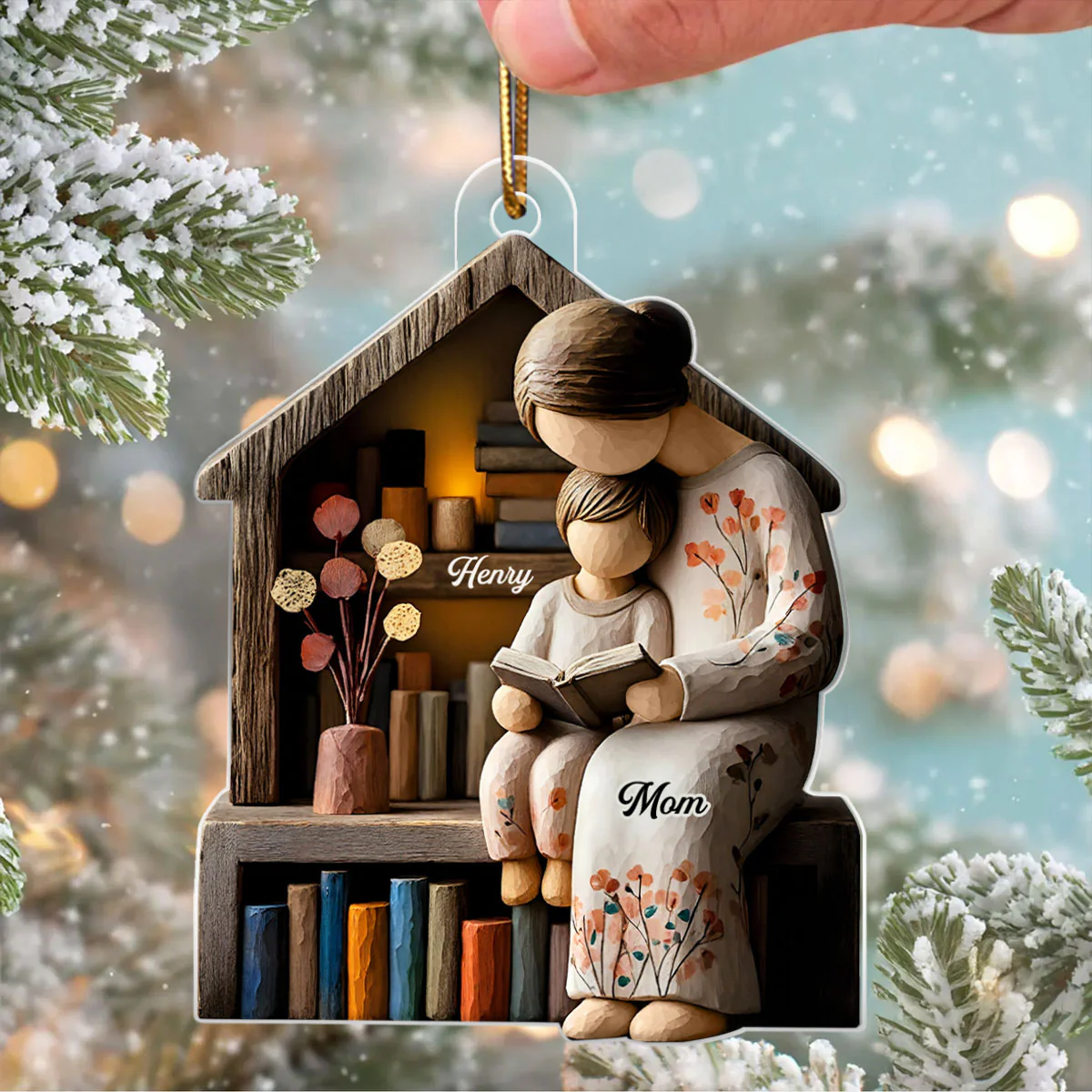 Mom And Daughter Son Reading Book Faux Wood - Personalized Acrylic Ornament - Heartwarming Christmas Gift For Mom, Family - Image 3