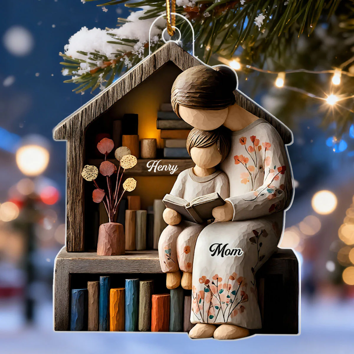 Mom And Daughter Son Reading Book Faux Wood - Personalized Acrylic Ornament - Heartwarming Christmas Gift For Mom, Family - Image 4