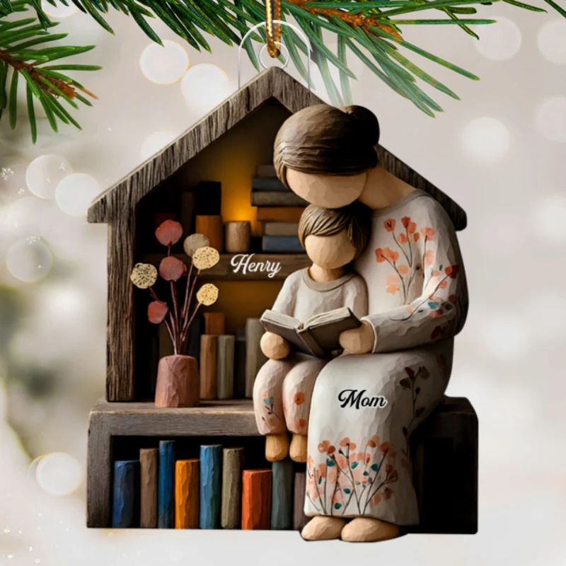 Mom And Daughter Son Reading Book Faux Wood - Personalized Acrylic Ornament - Heartwarming Christmas Gift For Mom, Family - Image 9