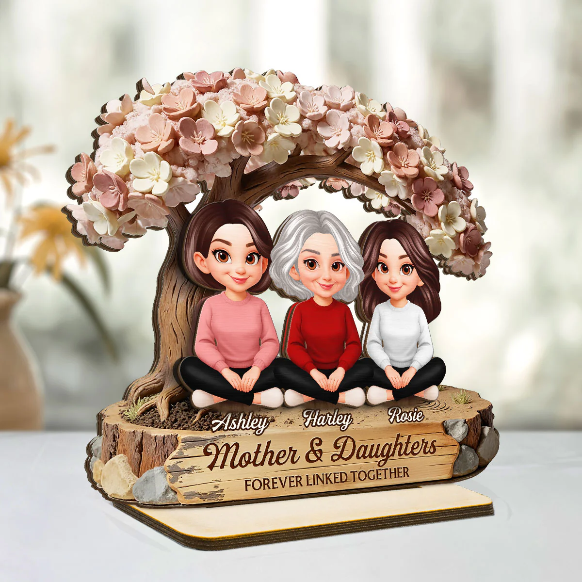 Mom And Daughter Son Under Blossom Tree - Personalized 2-Layered Wooden Plaque - Gift For Mom - Image 2