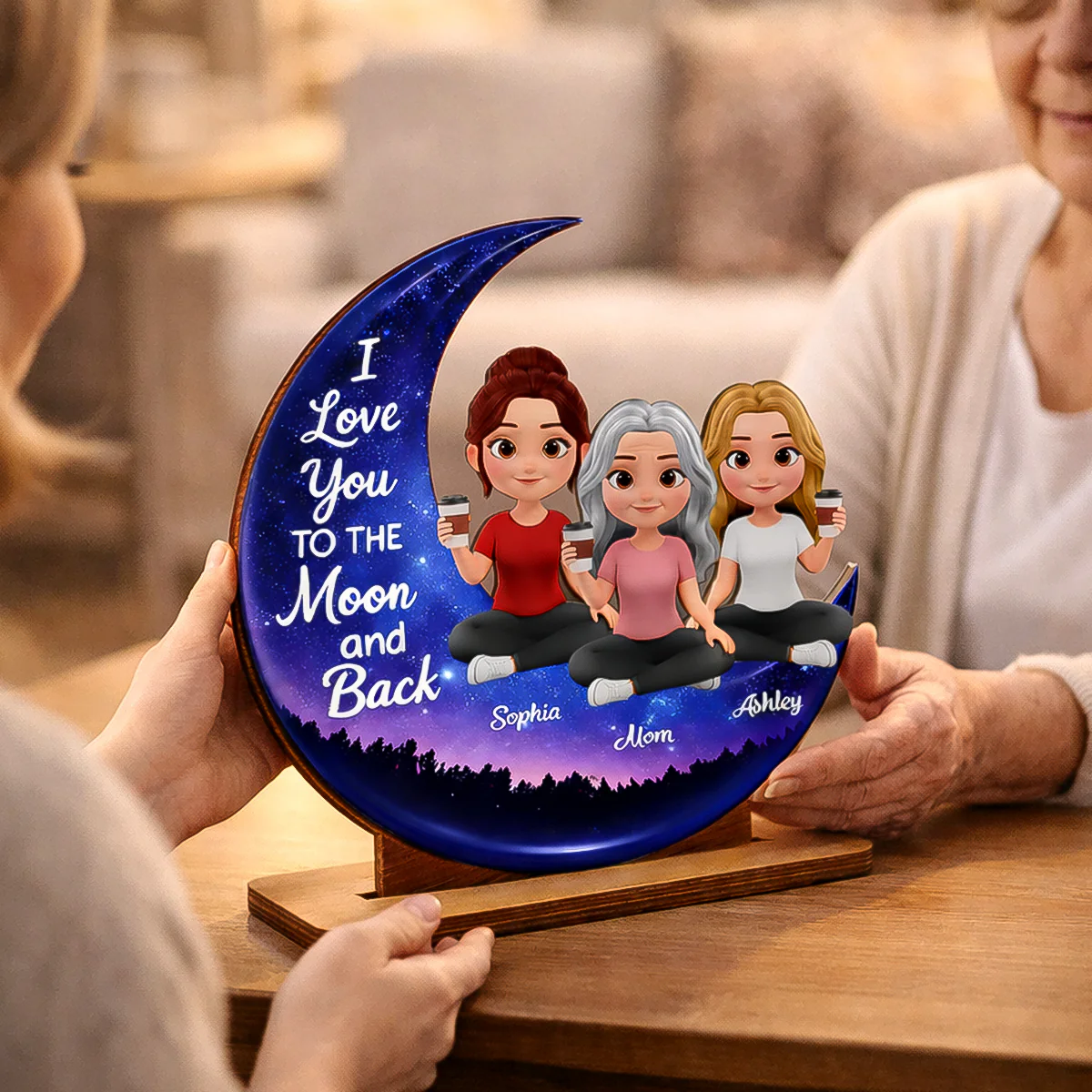 Mom And Daughters Love You To The Moon And Back - Personalized 2-Layered Wooden Plaque - Heartfelt Gift For Mom, Grandma - Image 2