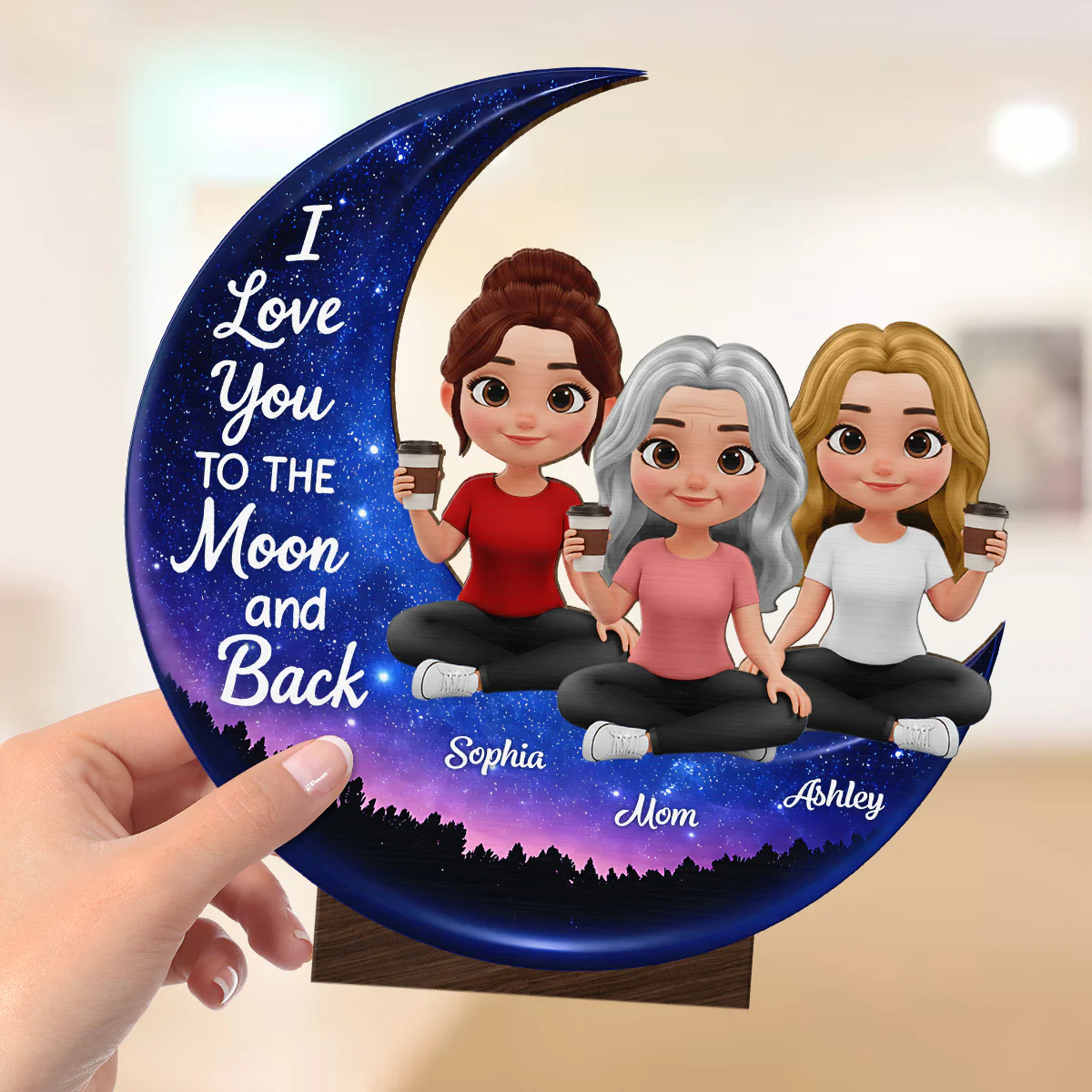 Mom And Daughters Love You To The Moon And Back - Personalized 2-Layered Wooden Plaque - Heartfelt Gift For Mom, Grandma - Image 3