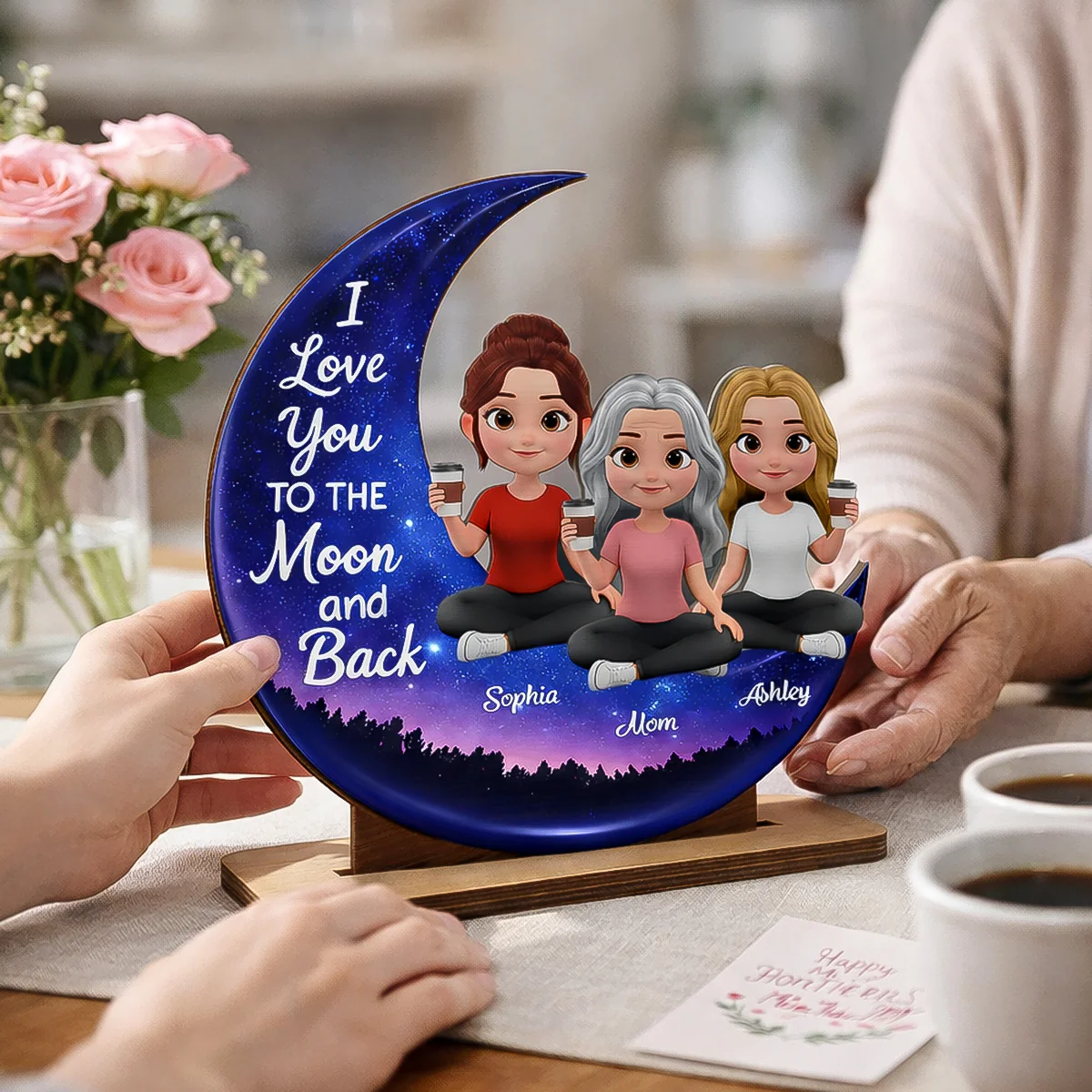 Mom And Daughters Love You To The Moon And Back - Personalized 2-Layered Wooden Plaque - Heartfelt Gift For Mom, Grandma - Image 4