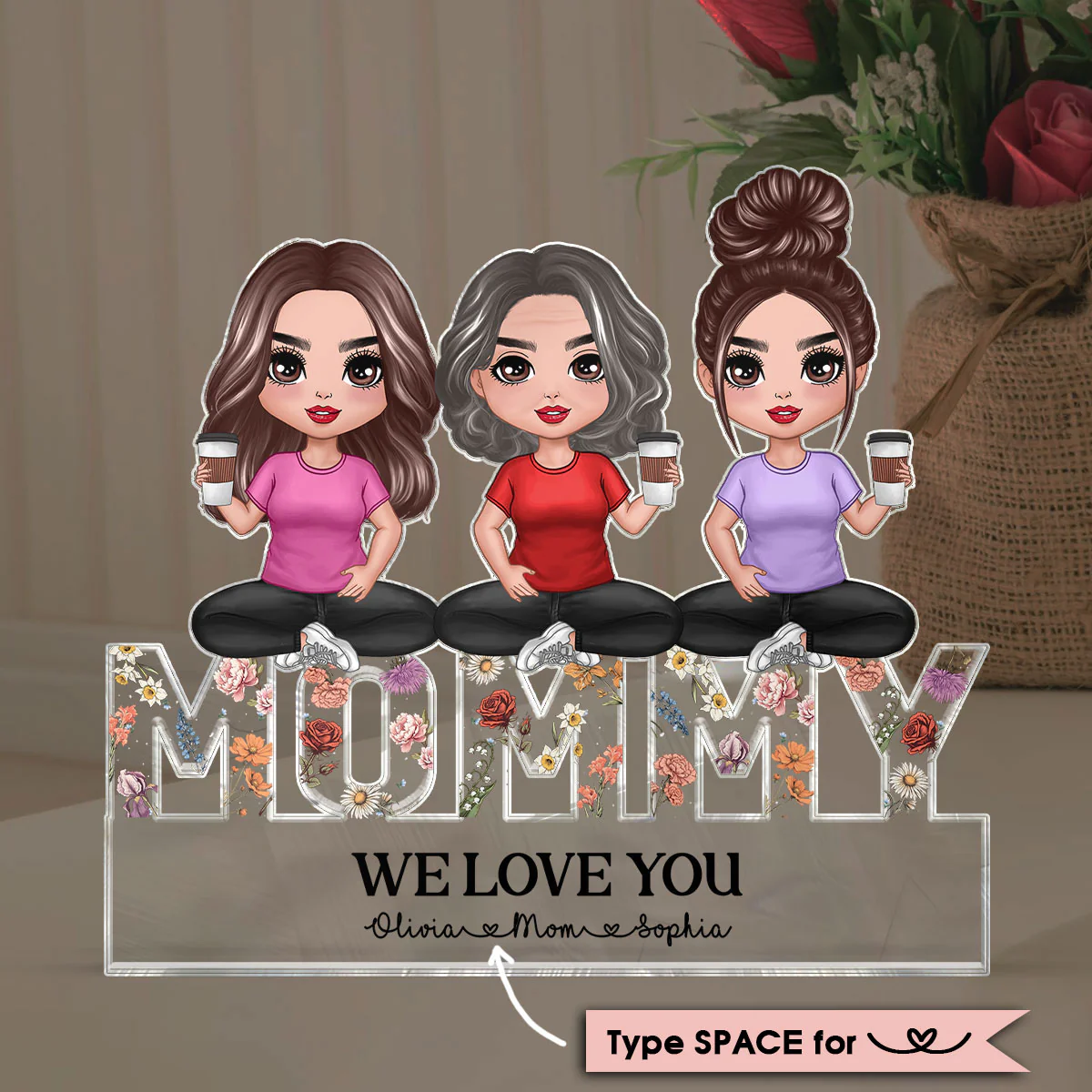 Mom And Daughters Sitting On Word Vintage Flowers Personalized Acrylic Block Plaque - Image 2