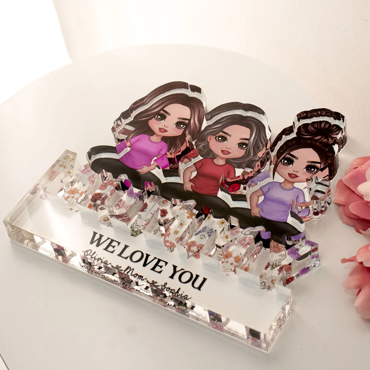 Mom And Daughters Sitting On Word Vintage Flowers Personalized Acrylic Block Plaque - Image 3