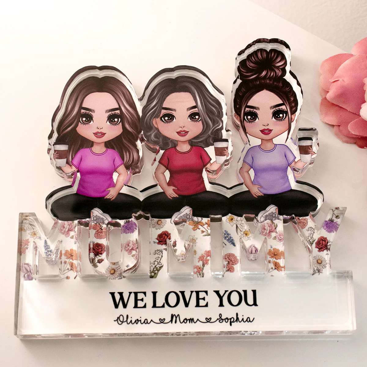 Mom And Daughters Sitting On Word Vintage Flowers Personalized Acrylic Block Plaque - Image 4