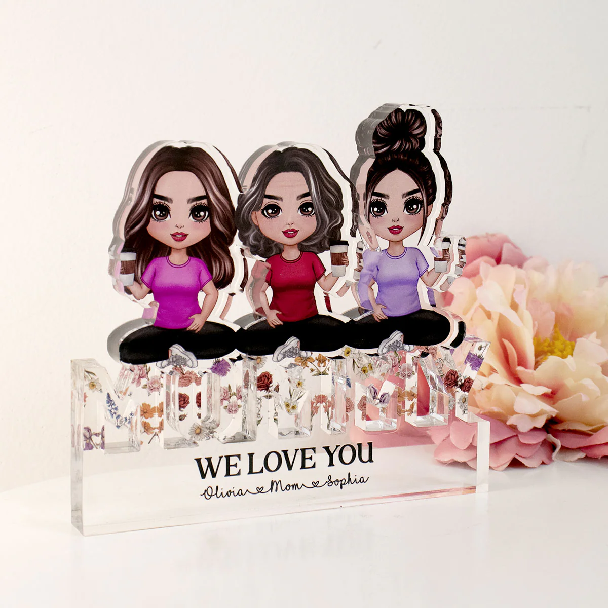Mom And Daughters Sitting On Word Vintage Flowers Personalized Acrylic Block Plaque - Image 5