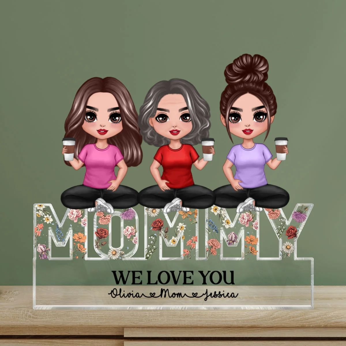 Mom And Daughters Sitting On Word Vintage Flowers Personalized Acrylic Block Plaque - Image 9