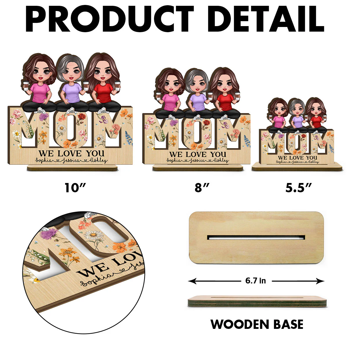 Mom And Daughters Sitting On Word Vintage Flowers Personalized Standing Wooden Plaque - Image 6