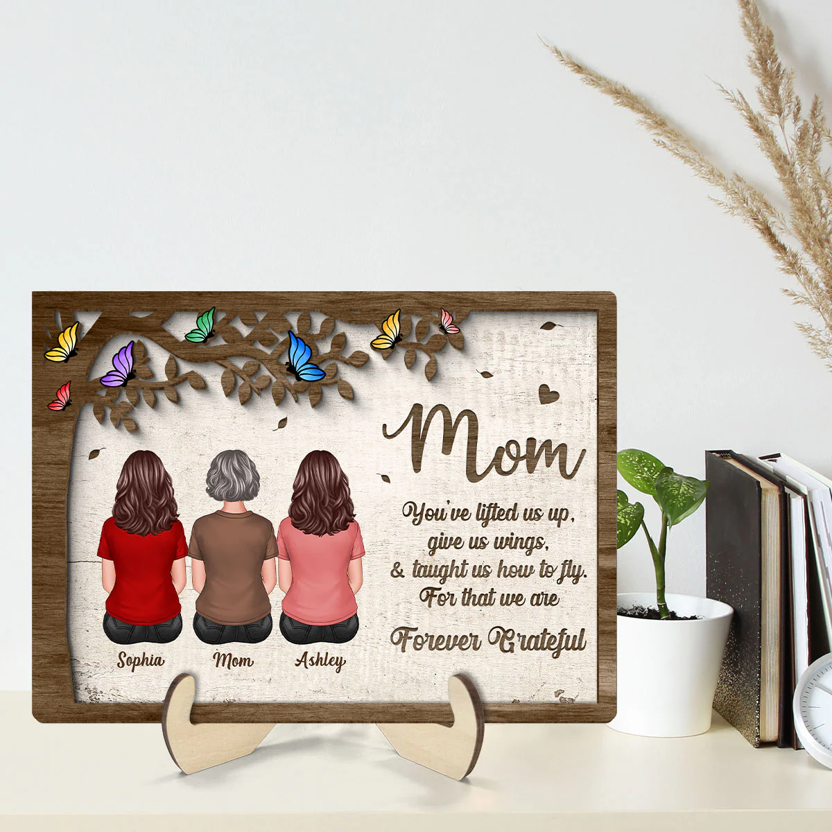 Mom And Daughters Sons Sitting Under Tree Butterflies Mother‘s Day Gift Personalized 2-Layer Wooden Plaque - Image 2