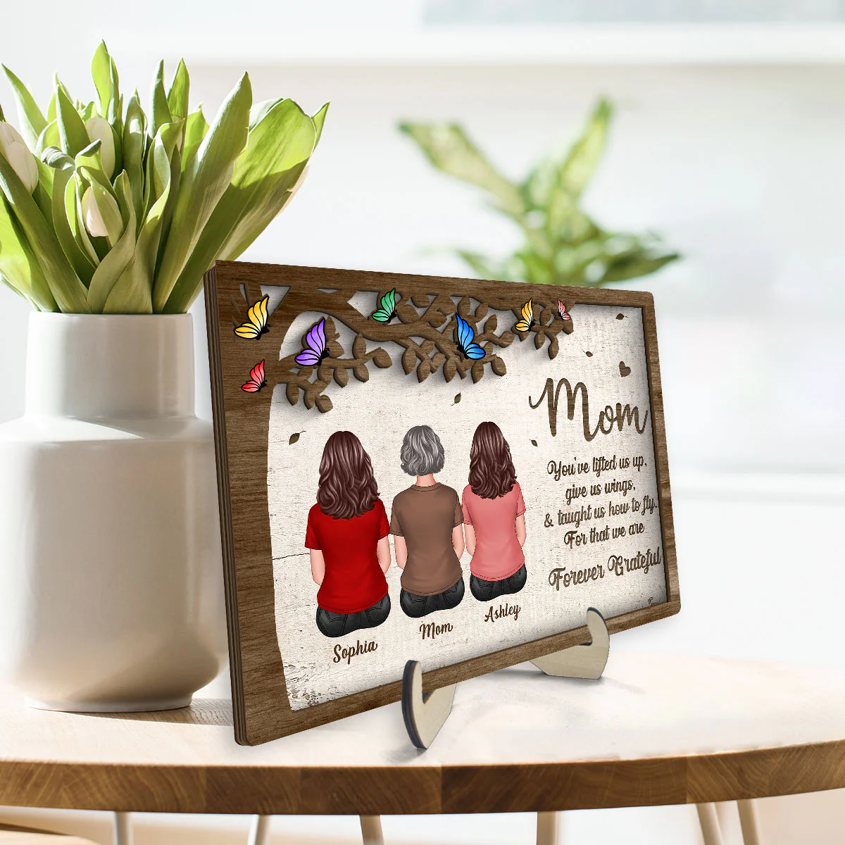 Mom And Daughters Sons Sitting Under Tree Butterflies Mother‘s Day Gift Personalized 2-Layer Wooden Plaque - Image 3