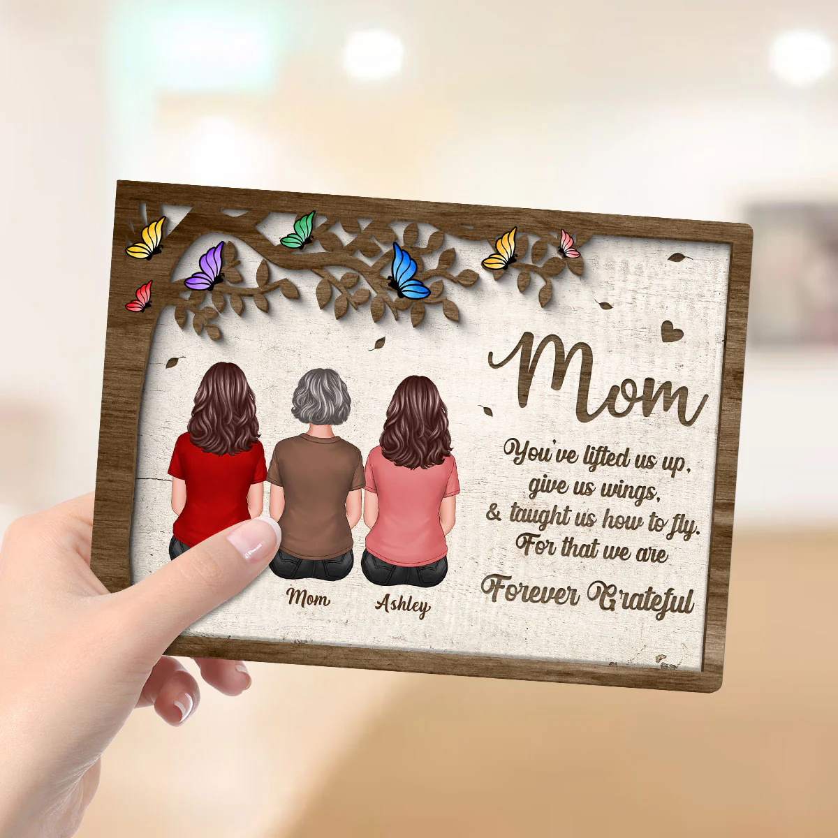 Mom And Daughters Sons Sitting Under Tree Butterflies Mother‘s Day Gift Personalized 2-Layer Wooden Plaque - Image 4
