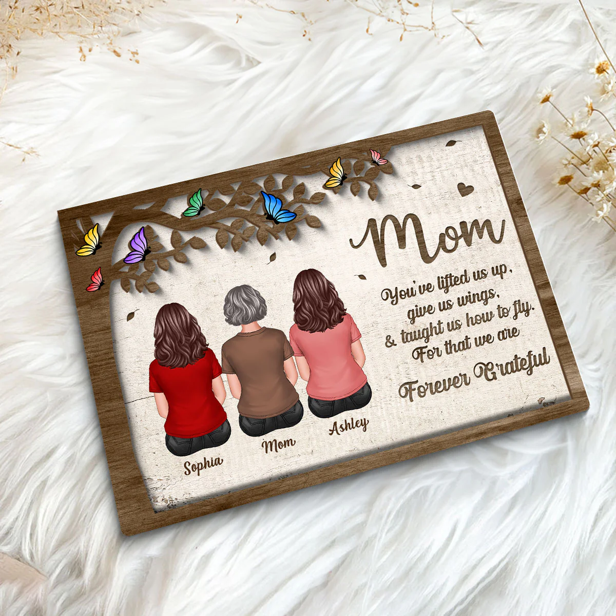 Mom And Daughters Sons Sitting Under Tree Butterflies Mother‘s Day Gift Personalized 2-Layer Wooden Plaque - Image 5