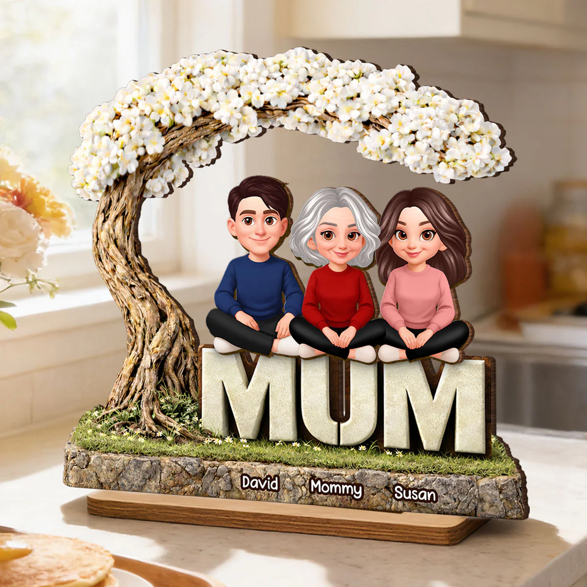 Mom And Her Kids Under The Tree - Personalized 2-Layered Wooden Plaque - Heartfelt Gift For Mom, Grandma - Image 2
