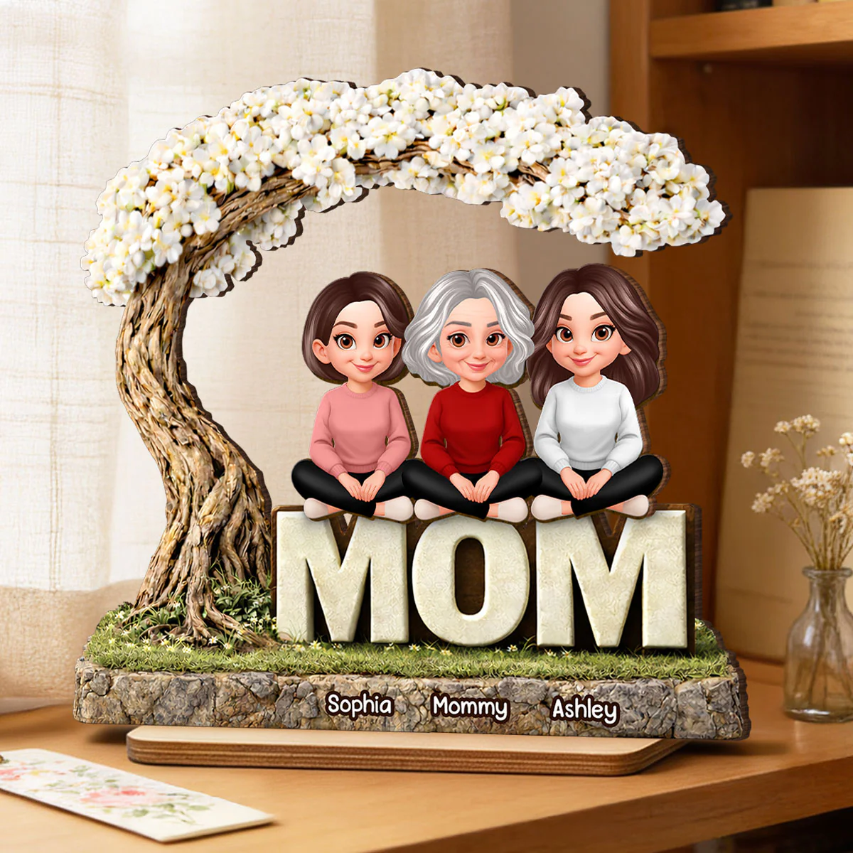 Mom And Her Kids Under The Tree - Personalized 2-Layered Wooden Plaque - Heartfelt Gift For Mom, Grandma - Image 3