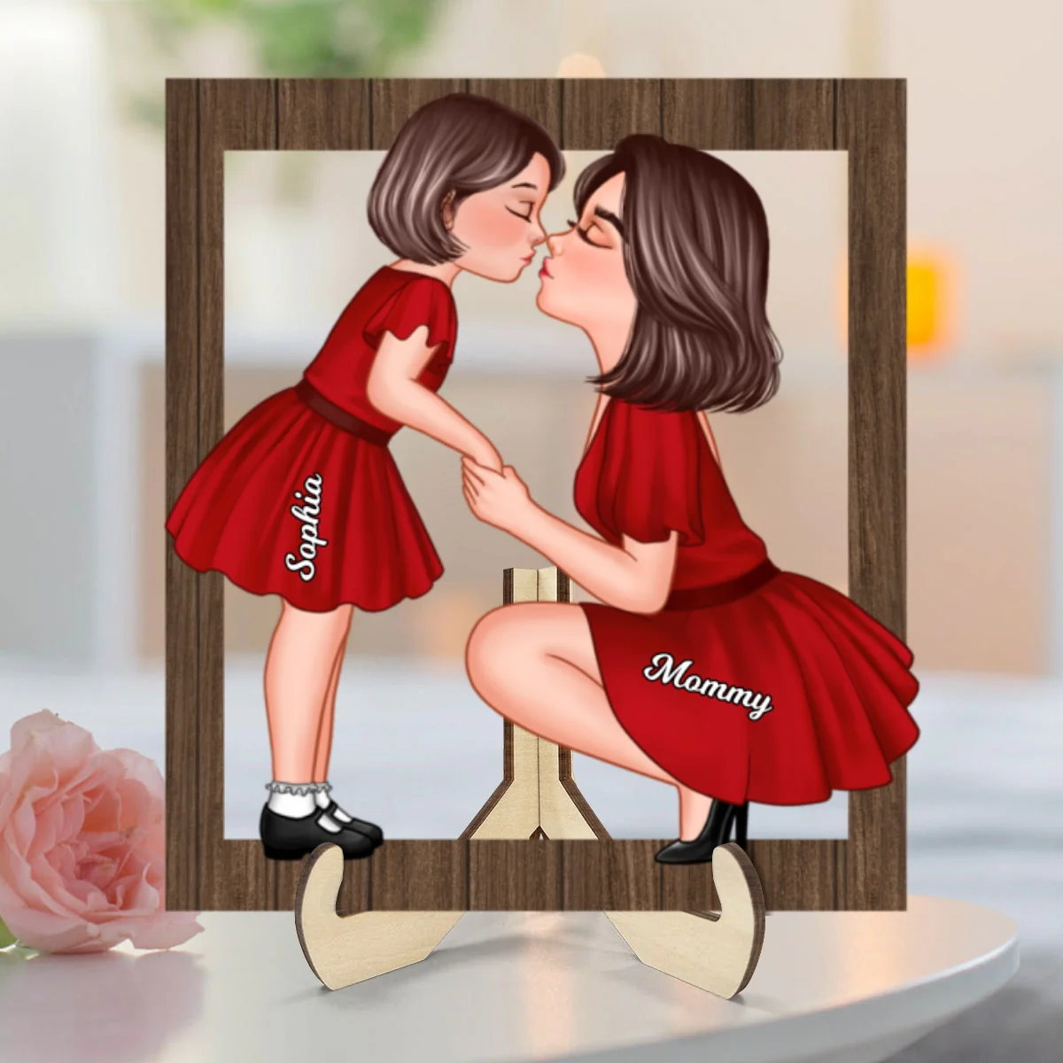 Mom And Kid Holding Hands Kissing Frame Personalized 2-layer Wooden Plaque - Image 10