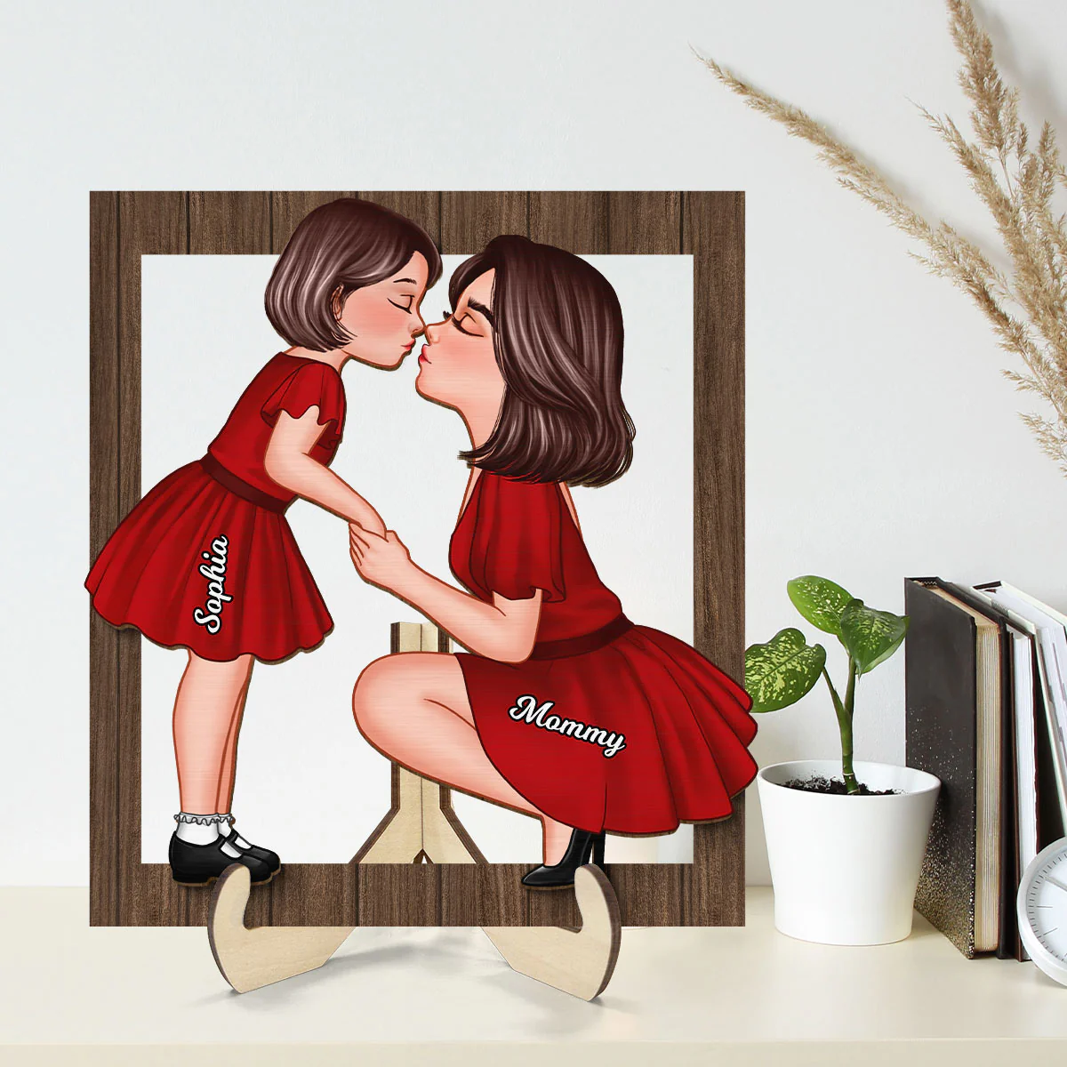 Mom And Kid Holding Hands Kissing Frame Personalized 2-layer Wooden Plaque - Image 2