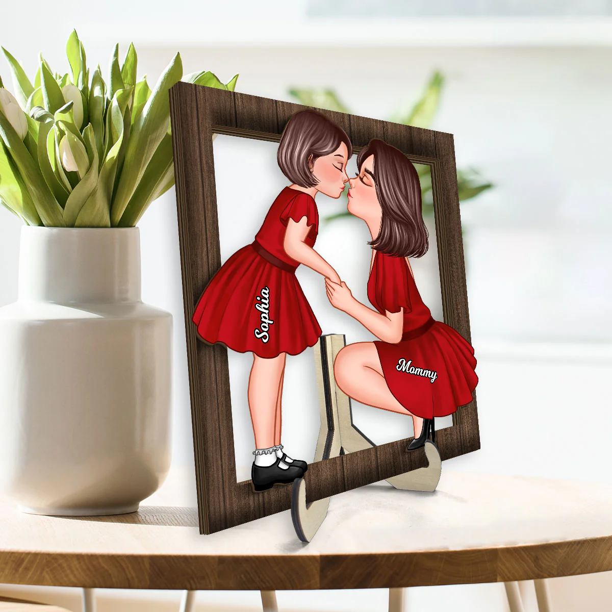 Mom And Kid Holding Hands Kissing Frame Personalized 2-layer Wooden Plaque - Image 3