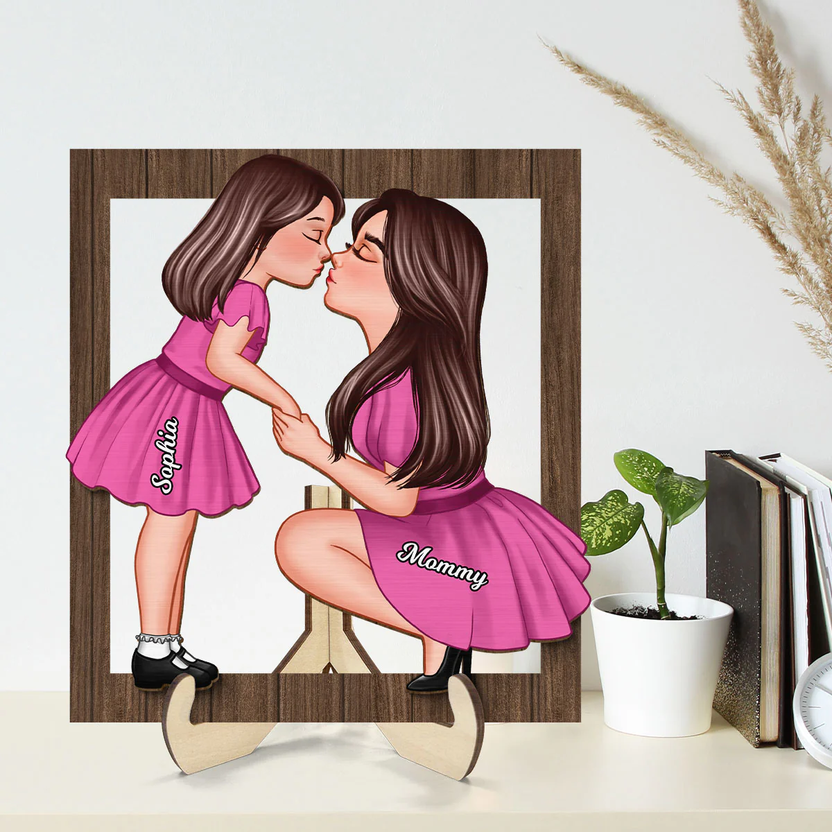 Mom And Kid Holding Hands Kissing Frame Personalized 2-layer Wooden Plaque - Image 7