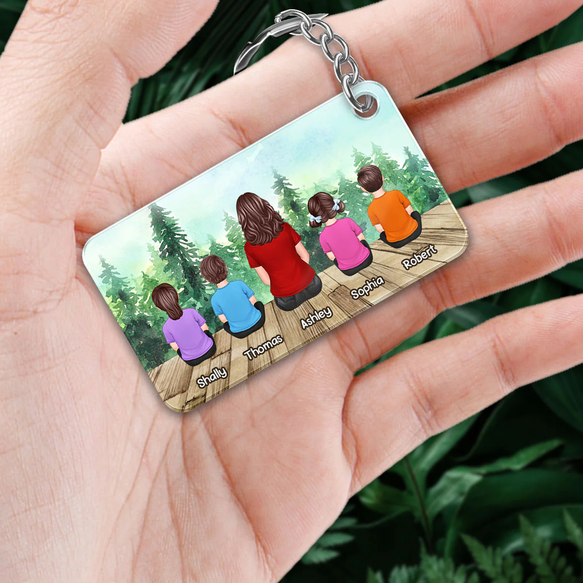 Mom And Kids Back View Sitting Forest Personalized Acrylic Keychain - Image 2