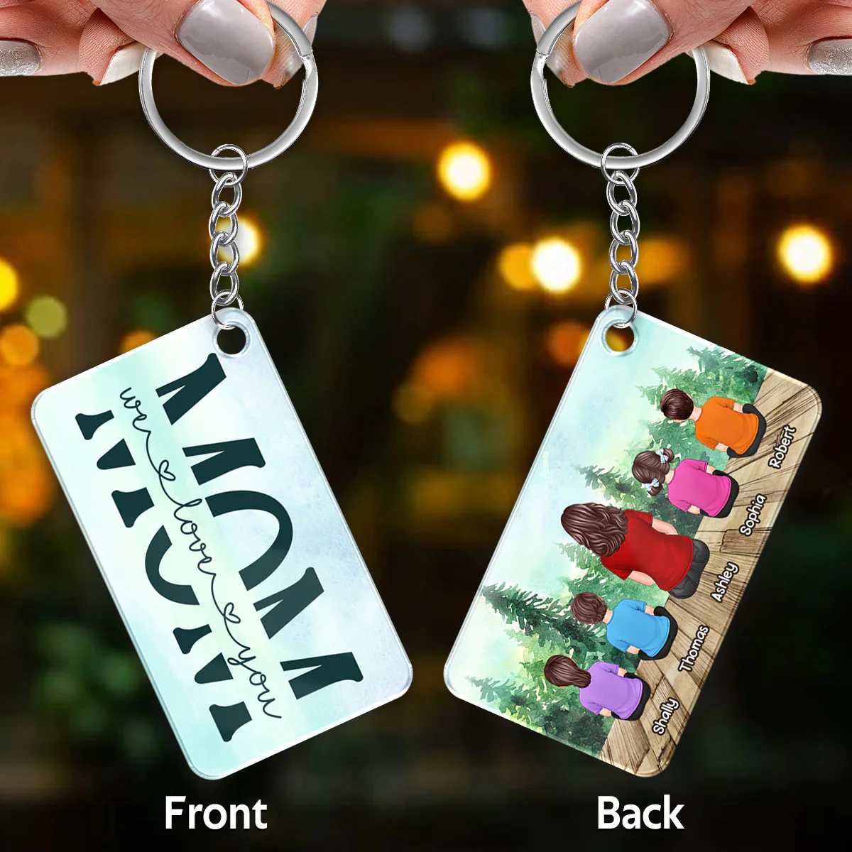 Mom And Kids Back View Sitting Forest Personalized Acrylic Keychain - Image 3