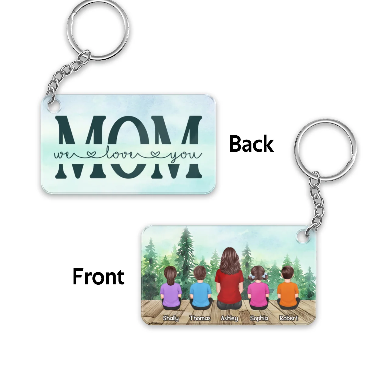Mom And Kids Back View Sitting Forest Personalized Acrylic Keychain - Image 4