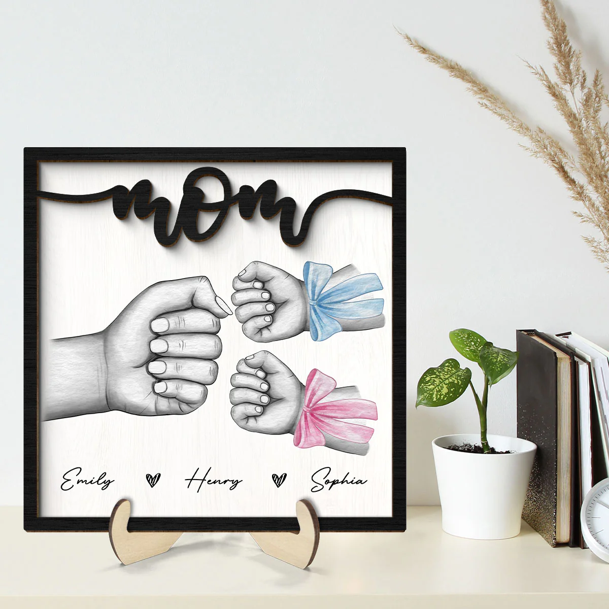 Mom And Kids Fist Bump With Bows Gift For Mom Personalized 2-Layer Wooden Plaque - Image 2