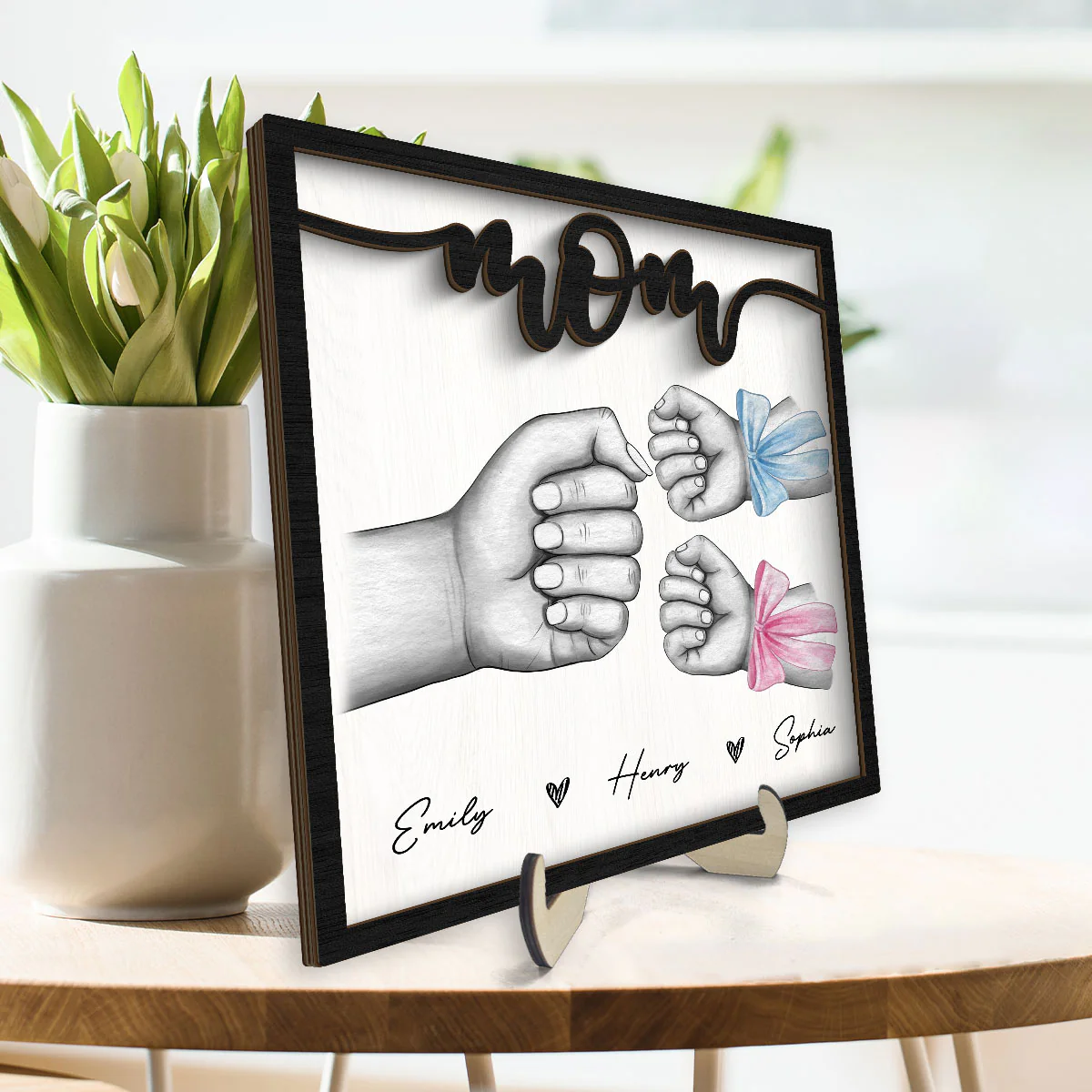 Mom And Kids Fist Bump With Bows Gift For Mom Personalized 2-Layer Wooden Plaque - Image 3
