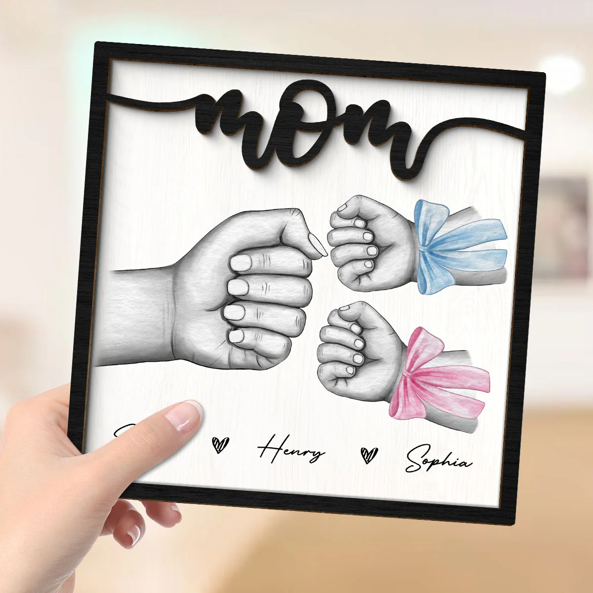 Mom And Kids Fist Bump With Bows Gift For Mom Personalized 2-Layer Wooden Plaque - Image 4